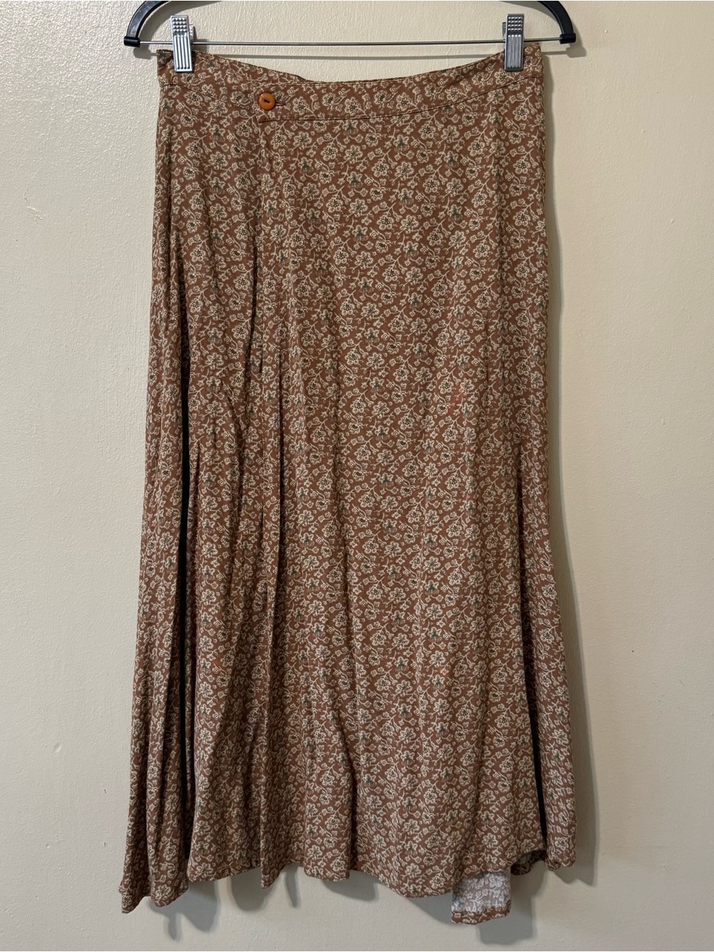 Vintage Eddie Bauer brown and green floral print wrap midi skirt